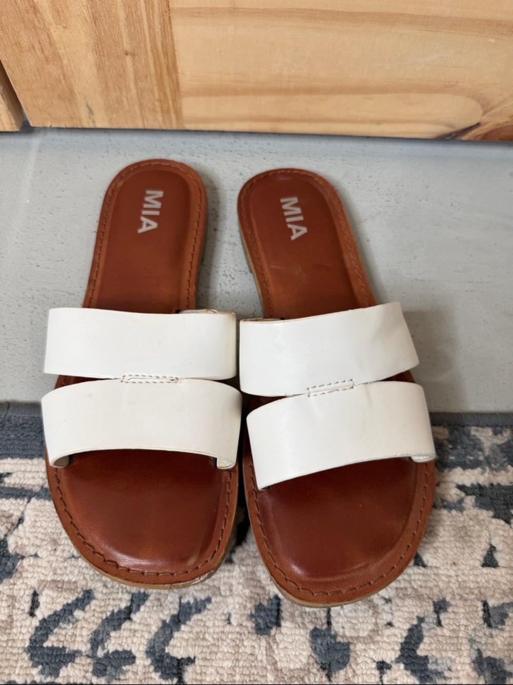 MIA White Double-Band Slide Sandals with Brown Footbed